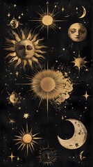 A black background with various celestial symbols, such as suns and moons