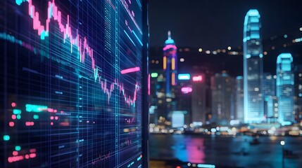 Obraz premium Holographic Trading App with Glowing Graphs and City Skyline in the Background A Futuristic Tech Driven Financial Analytics Platform