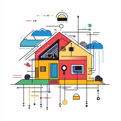 A colorful and modern illustration of a house, featuring geometric shapes and design elements, perfect for home-related projects.