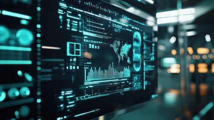 Fototapeta premium Digital panel displaying solar energy data with world map and analytics. futuristic interface showcases various metrics and graphs, emphasizing technology and innovation