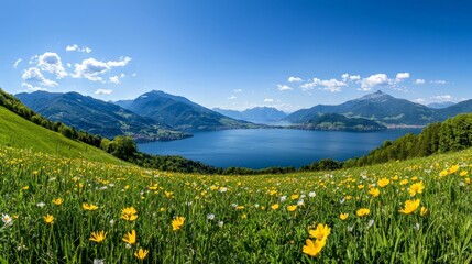 Fototapeta premium Rolling hills covered in wildflowers leading down to a shimmering lake, with majestic mountains in the distance under a clear blue sky