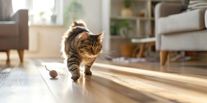 A playful cat chasing a toy mouse across a wooden floor in a bright living room