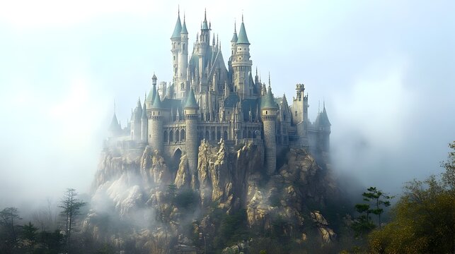 A majestic castle perched atop a towering hilltop with ornate turrets and intricate stone architecture shrouded in a misty ethereal atmosphere capturing the grandeur and mystery of a bygone era