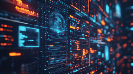Fototapeta premium vibrant digital display showcasing real time cyber threat data with glowing blue and orange elements. intricate design evokes sense of advanced technology and security awareness