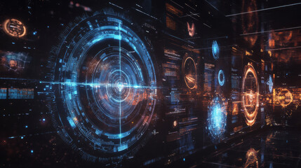 Fototapeta premium futuristic digital interface displaying various data visualizations and holographic elements. vibrant colors and intricate designs create immersive technological environment