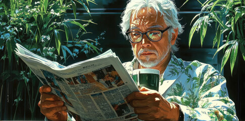 An older gentleman relaxes in a vibrant garden, sipping coffee and deeply engrossed in reading the newspaper, enjoying a peaceful moment