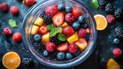 Top-down view of a refreshing fruit salad bowl with strawberries, blueberries, and blackberries, showcasing a colorful mix of fresh, juicy berries for a healthy snack or dessert