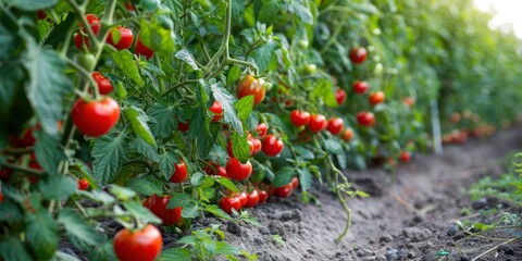 A row of tomato plants in a garden, with bright red tomatoes ready for harvest