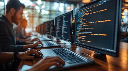 Programmers are focused on their tasks, typing code at sleek workstations in a vibrant, sunlit office environment