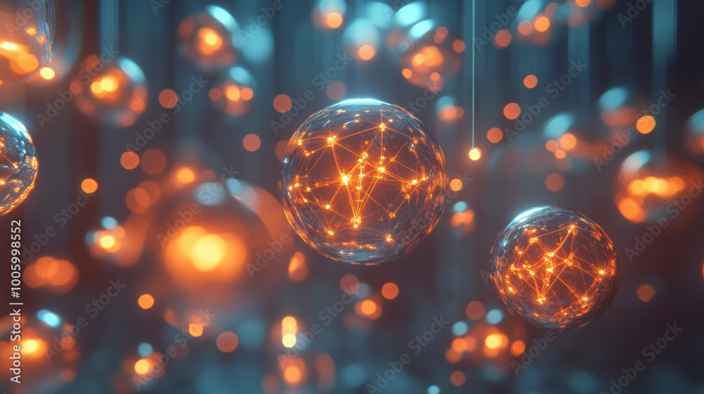 Wall mural glowing floating matrix of connected spheres creates mesmerizing visual effect, showcasing intricate