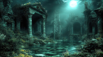 An underwater landscape reveals ancient ruins, surrounded by tranquil water and illuminated by soft moonlight above