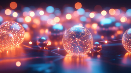 glowing floating matrix of connected spheres creates mesmerizing visual effect, showcasing intricate patterns of light and connection. vibrant colors and ethereal glow evoke sense of wonder and