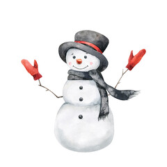 Cute watercolor snowman in a black hat and scarf with red mittens. Hand drawn isolated illustration. Funny winter character. Happy New year design for card, scrapbooking, print.