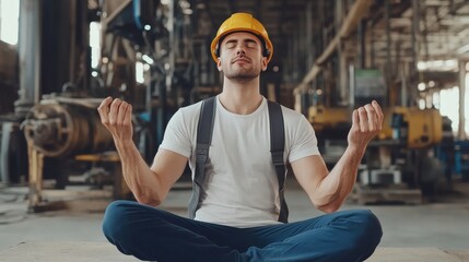 Factory engineer practicing meditation and yoga at an industrial facility, promoting wellness and mindfulness in the workplace environment for improved focus and productivity