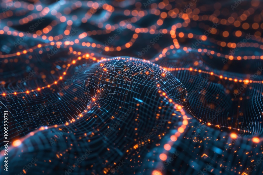 Fototapete A mesmerizing wave of glowing particles dances through a digital landscape filled with intricate network patterns at night. Generative AI