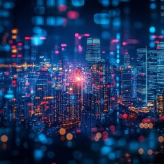 Obraz premium Futuristic Cityscape with Data Streams, Network Connections, and Digital Transformation