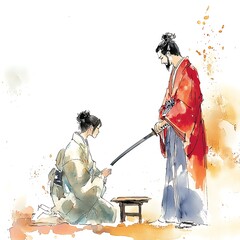 Obraz premium Watercolor Illustration of a Samurai Presenting His Sword to a Woman.