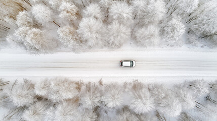 Aerial drone above top view of a car driving on a snow mountain road near the sea, winter forest landscape with ice and frost. Vacation concept, travel by car. Space for text or design. Generative AI.