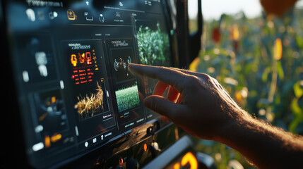 hand adjusting virtual dashboard for farming, showcasing advanced technology in agriculture. scene captures integration of digital tools in crop management, enhancing efficiency and productivity