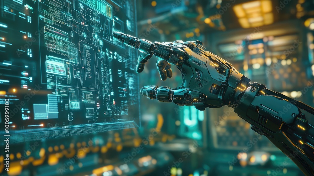 Poster a close-up of a cyborg bionic hand as it interfaces with a floating holographic screen, surrounded b