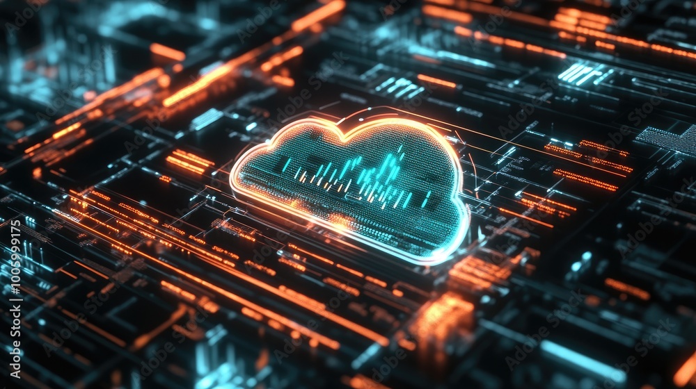 Poster a close-up of a digital interface with a holographic cloud icon and multiple data lines surrounding 