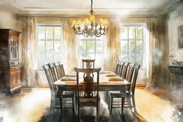 Fototapeta premium A large dining room with a chandelier hanging from the ceiling. The room is filled with wooden chairs and a long table. The atmosphere is elegant and inviting