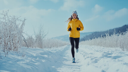 Young woman running in winter snow, listening to music with headphones, active and healthy outdoor fitness lifestyle. Space for text. Exercise and wellness. Generative AI.