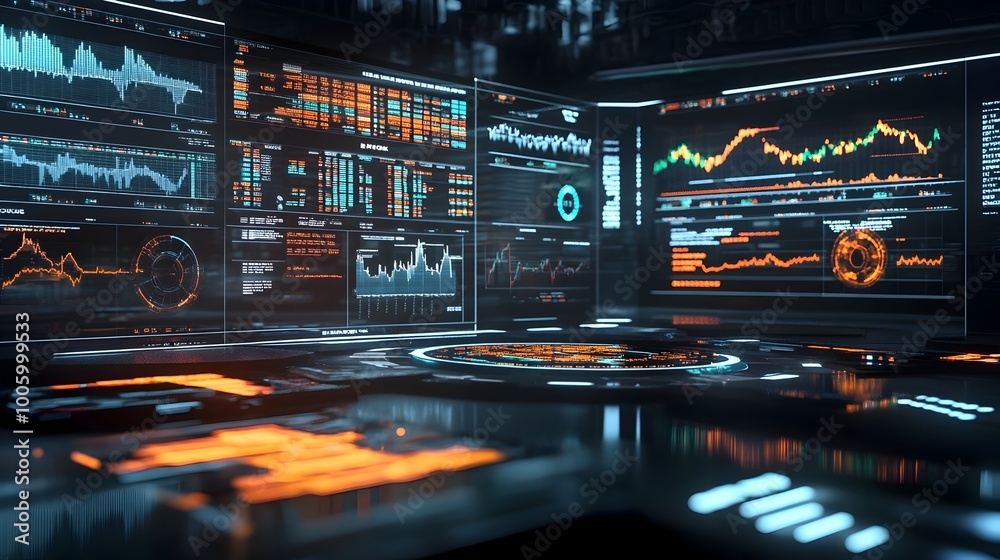 Poster futuristic hologram exchange with virtual financial graphs charts and data visualizations displayed 