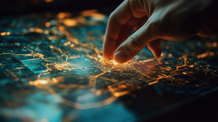 hand arranging virtual logistics routes on digital map, showcasing intricate city layouts and illuminated pathways. image conveys sense of precision and modern technology