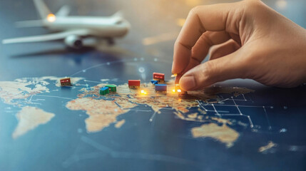 hand arranging virtual logistics routes on digital map, showcasing global shipping and transportation. scene conveys sense of planning and connectivity