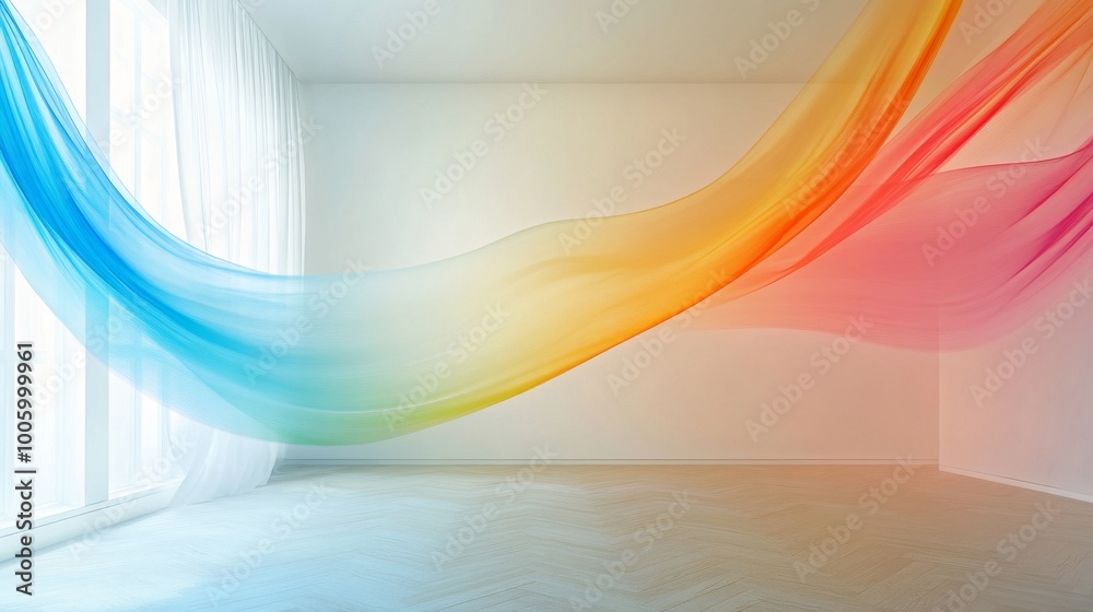 Sticker A colorful, rainbow-colored wave is suspended from the ceiling in a white room. The room is empty, with no furniture or decorations. The wave appears to be floating in mid-air