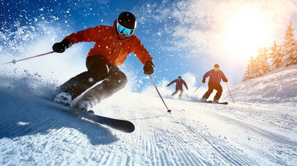Skiers racing down a steep slope during a winter sports competition, snow flying behind them as they speed toward the finish line
