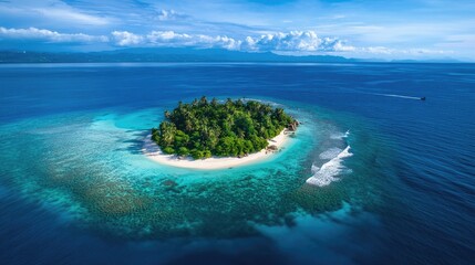 A small, tropical island surrounded by turquoise waters, with lush green palm trees and white sand beaches under a bright blue sky.