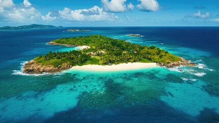 Fototapeta premium A small, tropical island surrounded by turquoise waters, with lush green palm trees and white sand beaches under a bright blue sky.