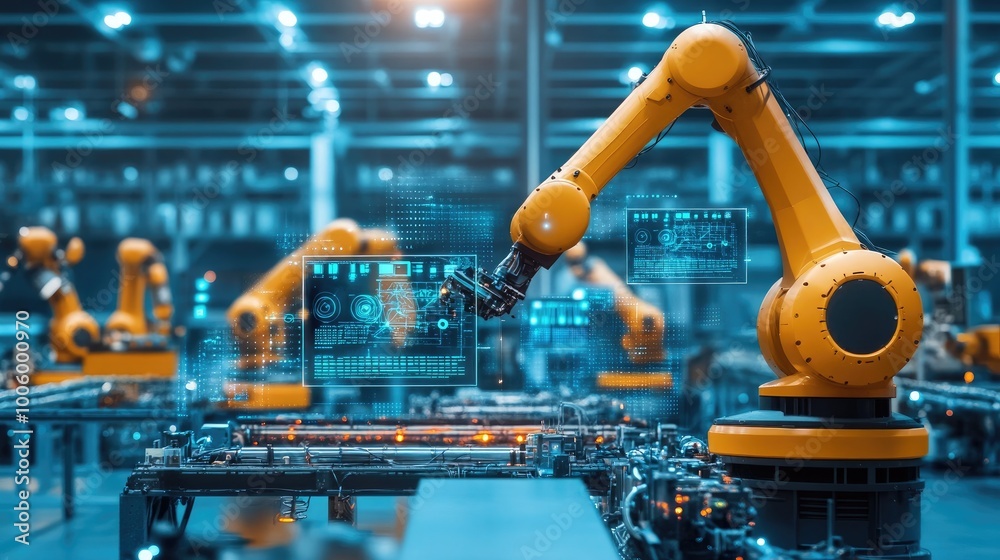Poster a factory floor with automated robots and digital monitors, symbolizing digital transformation in in