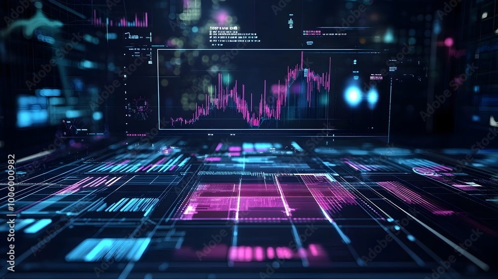 Poster holographic business analysis and future financial trends displayed through advanced data graphs and