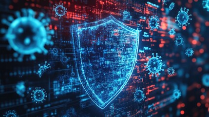 A digital shield blocking an oncoming wave of virus icons on a network screen, symbolizing protection against computer viruses.