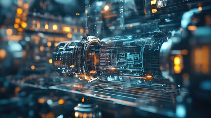 A futuristic digital interface transforming into a 3D physical model, representing digital transformation in manufacturing and prototyping.