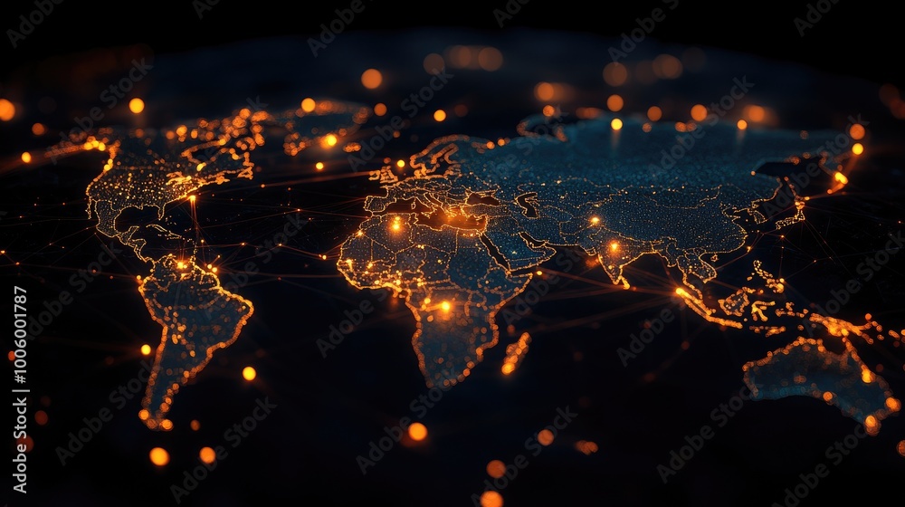 Poster a global network with glowing cyber security nodes protecting data flow, illustrating the worldwide 