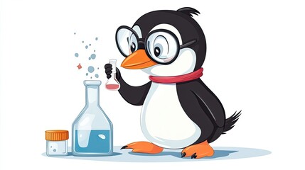 Obraz premium A Cartoon Penguin Wearing Glasses Holding a Flask of Red Liquid
