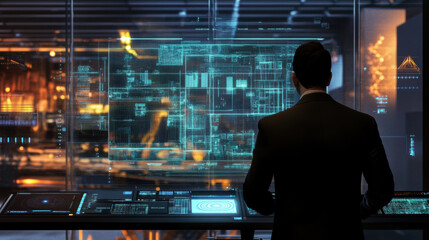 professional man stands in front of holographic interface displaying virtual engineering data, immersed in advanced technology. scene conveys sense of innovation and futuristic design