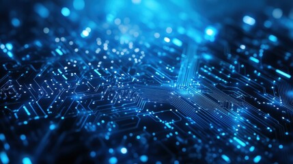 An abstract digital background showcasing technology and algorithms, with visual elements of a circuit board and cybersecurity server