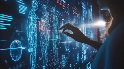 Fototapeta premium Person interacting with virtual health diagnostics on digital interface, showcasing holographic human figures and data visualization. scene conveys sense of advanced technology and innovation