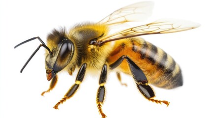 A high-resolution image of a honeybee, with pollen-covered legs, isolated on white