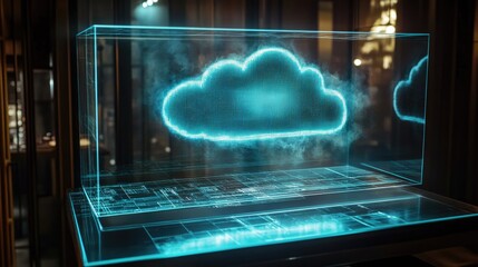A holographic projection of a cloud icon on a glass panel, showing real-time data synchronization with the cloud.