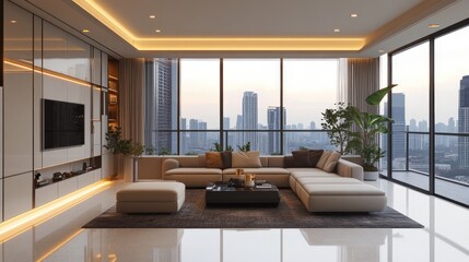 Fototapeta premium A luxurious, open-concept living room with panoramic views, smart home technology, and minimalist furnishings, offering a futuristic and elegant vibe.