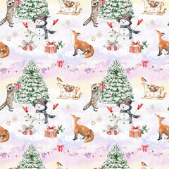 Fototapeta premium Watercolor seamless pattern. Cute forest animals, Christmas tree, snowman, fox, raccoon, garland, snowflakes, sleigh, gift boxes, robin. Hand drawn illustrations on magical color background