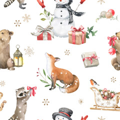 Watercolor Christmas seamless pattern. Cute forest animals, snowman, fox, bear, lantern, raccoon, snowflakes, sleigh, gift boxes, robin. Hand drawn watercolor winter holiday illustration