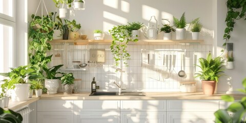 A bright kitchen with home plants placed on countertops and shelves, creating a fresh and inviting atmosphere