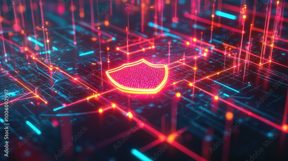 Poster a network infrastructure with glowing connection lines and a central shield icon, visualizing advanc
